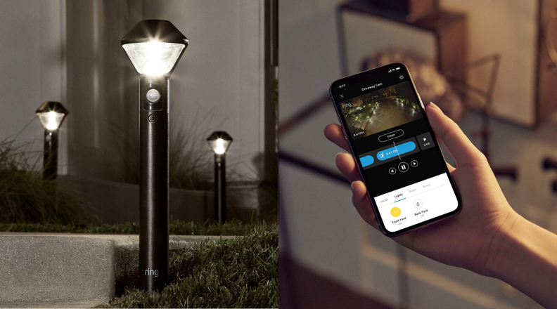 On the left is a photo of Ring's Smart Pathlights and on the right is a picture of a person holding a smartphone with the Ring app displayed on the screen.