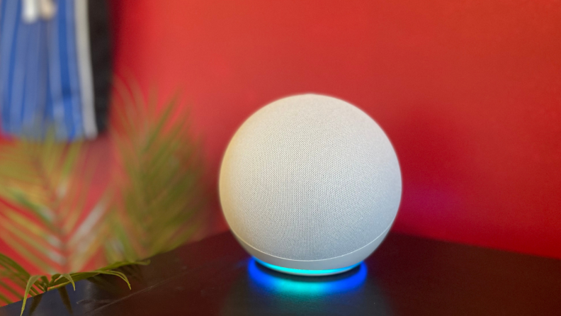 An Amazon Echo speaker against a red background on a bookshelf