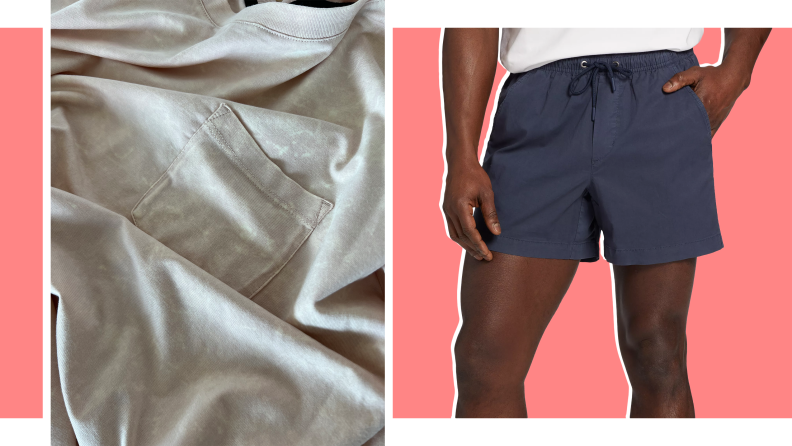 A close-up of the pink pocket tee and the blue easy pull-on shorts.
