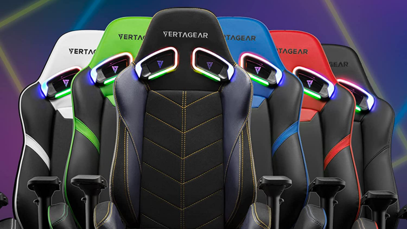 A lineup of colorful gaming chairs.