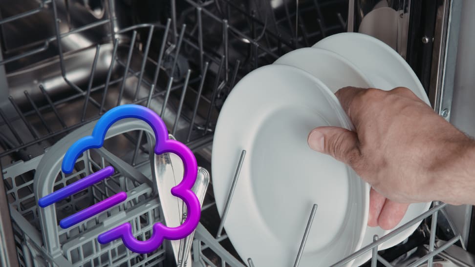 a puff of air drying a white plate inside a dishwasher
