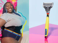 A human with a pink feather boa, in a top, corset, and Bombas underwear and Harry's Razors Pride razor.