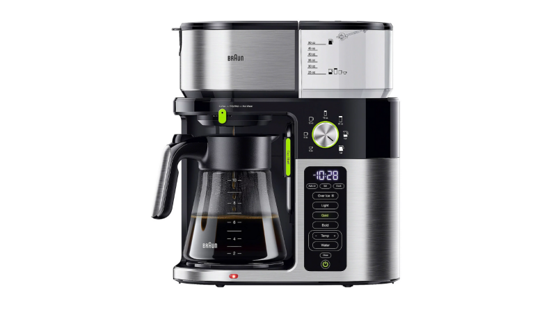 An image of a 10-cup coffee maker in black and silver with multiple settings listed on a panel along the side.