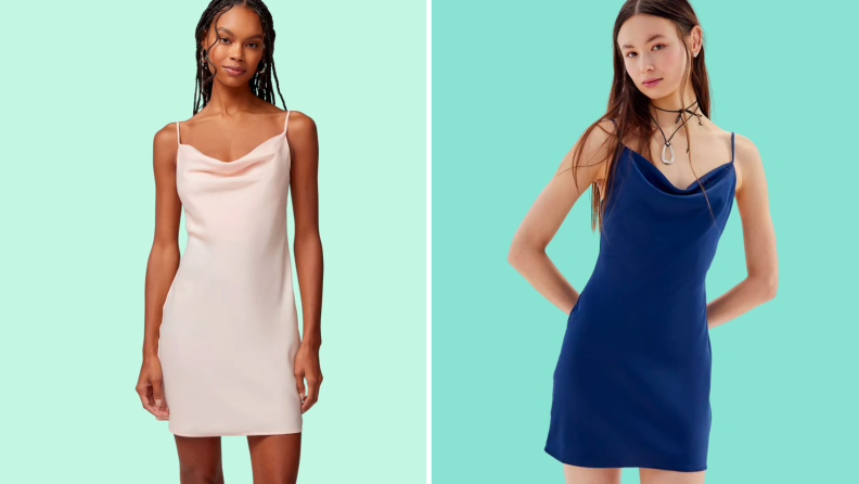 An image of a woman wearing a white slip dress next to another woman wearing the same slip dress in blue.