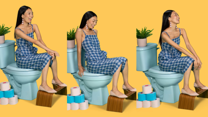 Three images of woman sitting on toilet using Squatty Potty while sitting on toilet in front of yellow background.