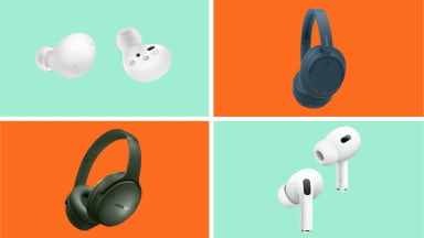 A collage of earbuds and headphones in front of colored backgrounds.