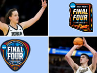 Caitlin Clark and Zach Edey next to the women's and men's Final Four logos.