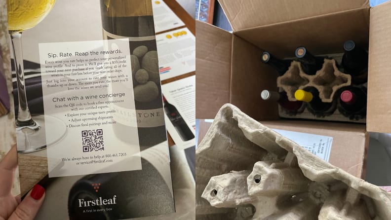 On left, person holding informational wine card from Firstleaf. On right, six wine bottles inside of a Firstleaf cardboard shipping box.