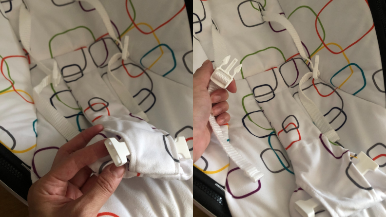 On left, person holding baby rocker harness. On right, white baby rocker strap.