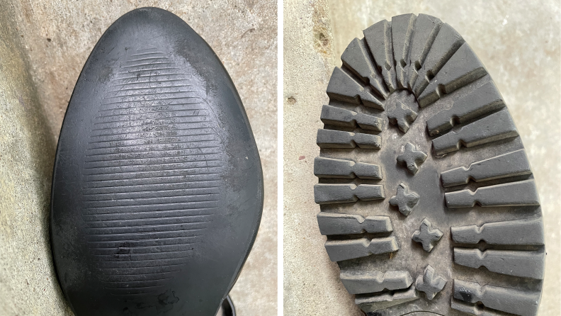 A photo that shoes two shoe treads side by side. On the left the treads are flat and worn. On the right the treads are deep and curve in multiple directions, leading to better grip