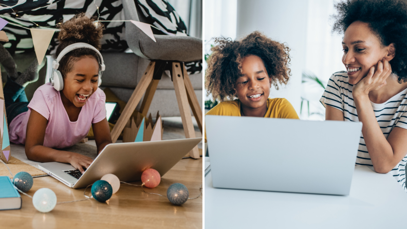 (Left) A young child writes on a laptop inside their home. (Right) A child is helped by an instructor at a computer.