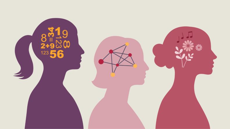 Three silhouettes of people with different symbols in place of their brain.