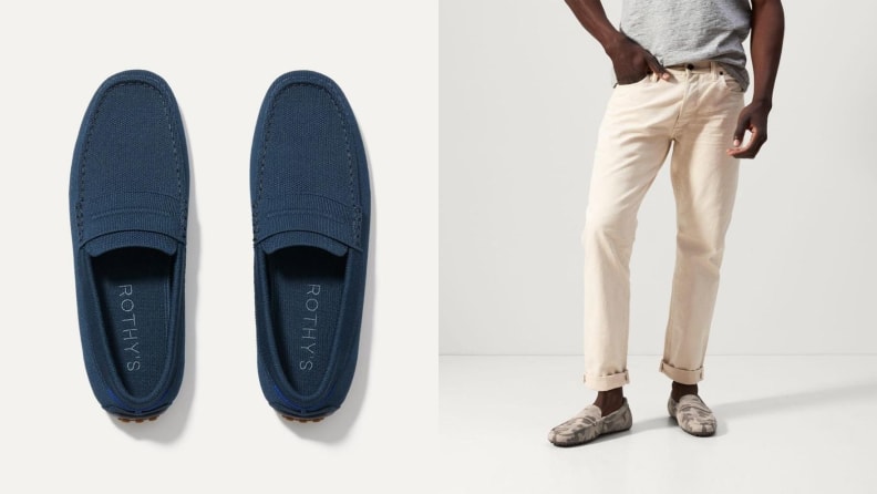 blue Rothy's penny loafer, man wearing white chino pants with a desert camo pair of Rothy's penny loafers
