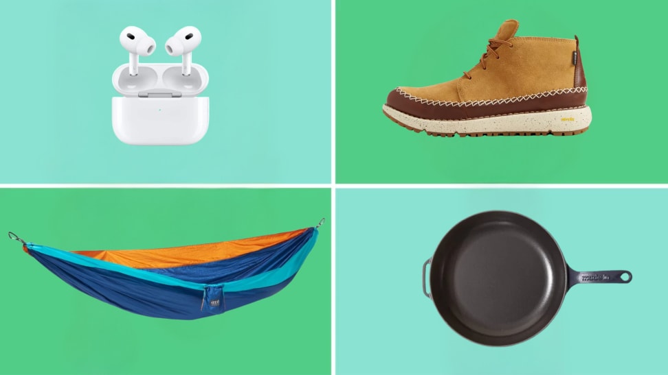 Apple AirPods pro danner boots  eno double nest hammock and made in cast iron pan on blue and green four checked background