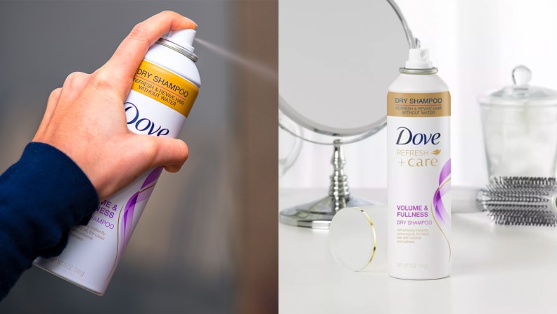On the left: A hand holds sprays a Dove dry shampoo. On the right: The white Dove dry shampoo can stands on a vanity.