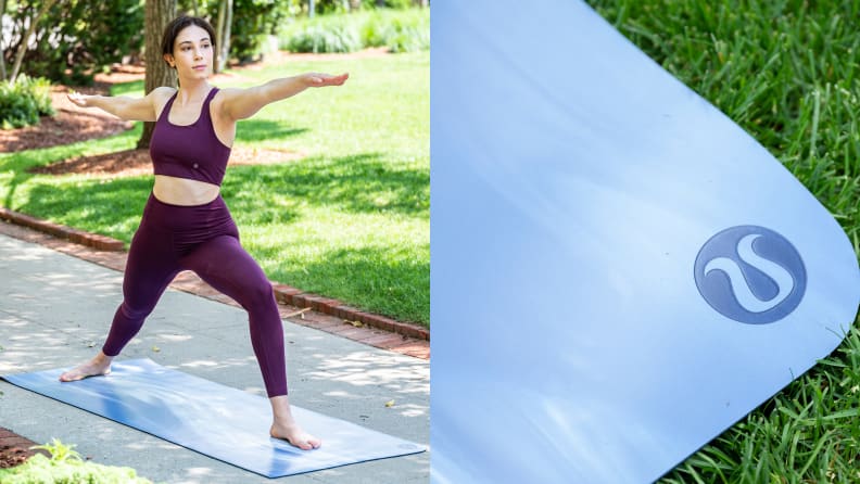 Left: Woman doing yoga on Lululemon mat in the park.  Right: Blue Lululemon mat and logo on grass.