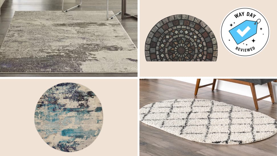 A collage of discounted rugs from Wayfair.