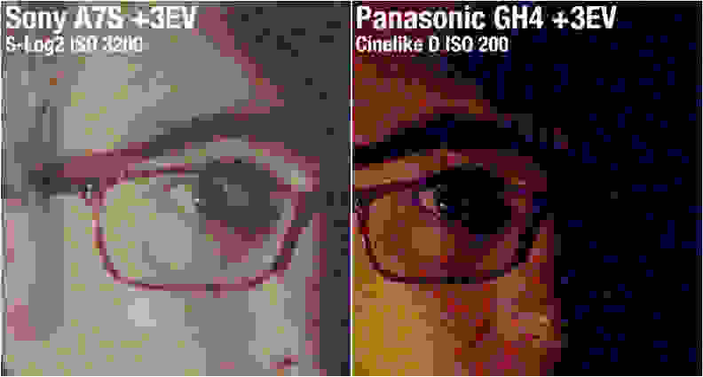 In these 100% crops you can see the noise profile of both cameras if you push exposure up by about three stops. The GH4 has ugly blue splotches while the A7S gives a more uniform look.