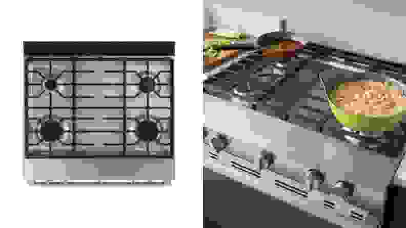 Left: A top-down photo of a gas cooktop. Right: A lifestyle image of a pot of pasta cooking on the same stovetop.