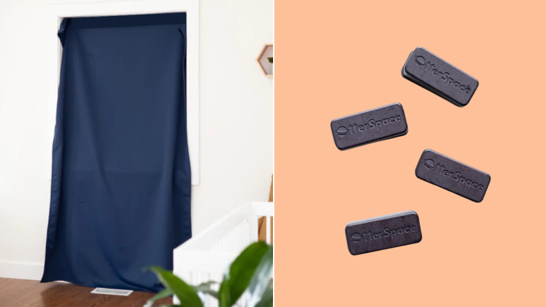 Split image of Otterspace blackout curtains with blackout blocks.