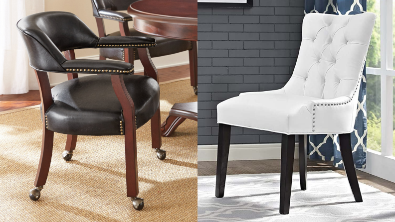 1) A dining chair with black vinyl cover. 2) A white vinyl-lined chair in a living room.