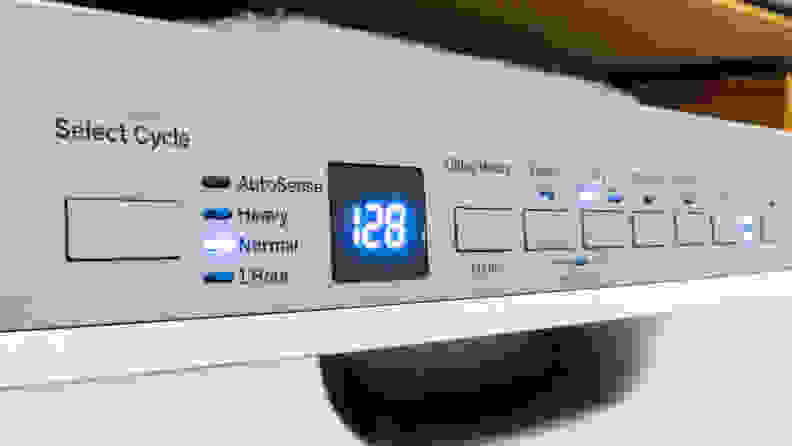 A close-up of the GE GDF630PSMSS dishwasher's control panel.