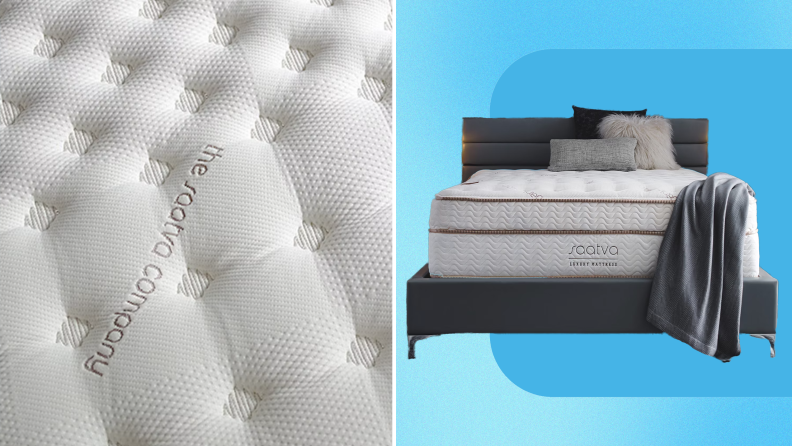 On left, close-up shot of the mattress cushioning on the Saavta Classic mattress. On right, Saavta classic mattress inside of tan bed frame with two pillows on top and throw blanket on edge.