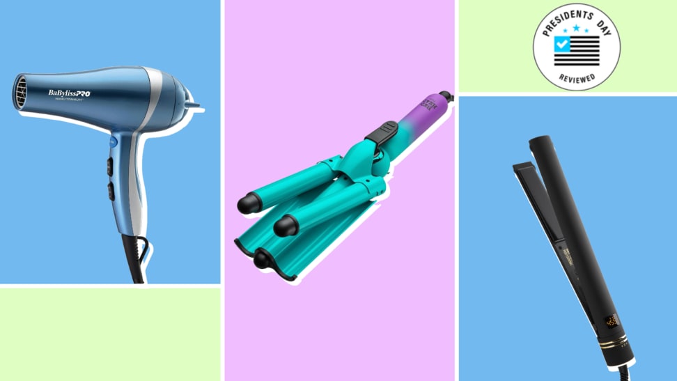 Collage of a hair dryer, hair waver, and flat iron.