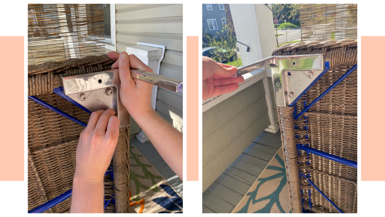 A person putting together Outer Furniture, outside on a patio.