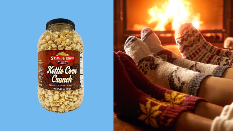 Kettle corn and cozy image of socks and fireplace