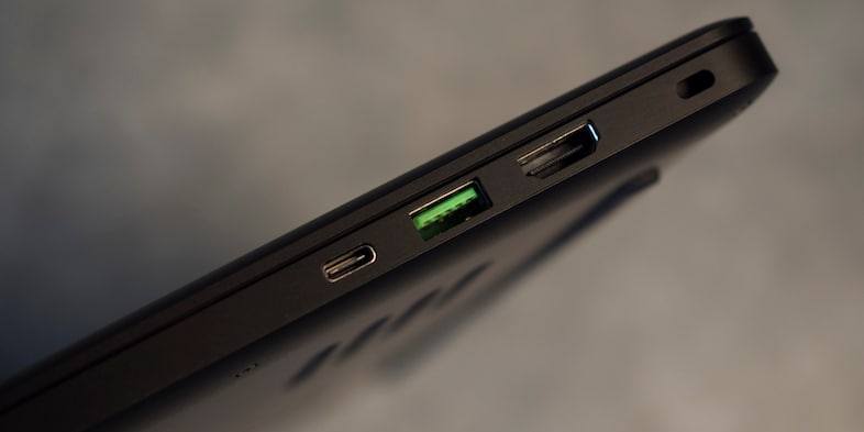 Input/output ports on the side of a laptop.
