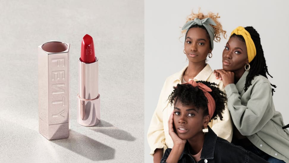 Left: Fenty Beauty red lipstick on a neutral backdrop, Right: Three women with head wraps on a neutral backdrop