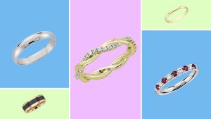 A collage featuring a variety of wedding bands in front of a background.