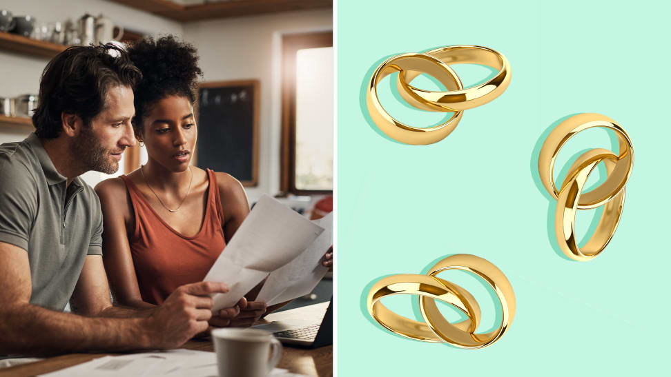 A stock photo of a couple reading a document in a kitchen on the left. Gold wedding bands linked together against a light green background on the right.