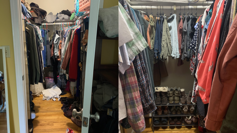 a messy closet on the left, and the same closet after being organized, on the right