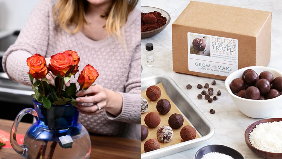 A photo of a woman arranging flowers next to a photo of a chocolate truffle making kit.