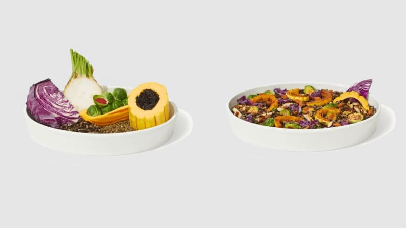 On left, Daily Harvest Wild Rice Gratin bowl's plant-based ingredients arranged, not yet prepared. On right, the Harvest Bowl is prepared and ready to eat.