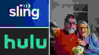 The logos for Sling TV and Hulu next to a couple watching TV.