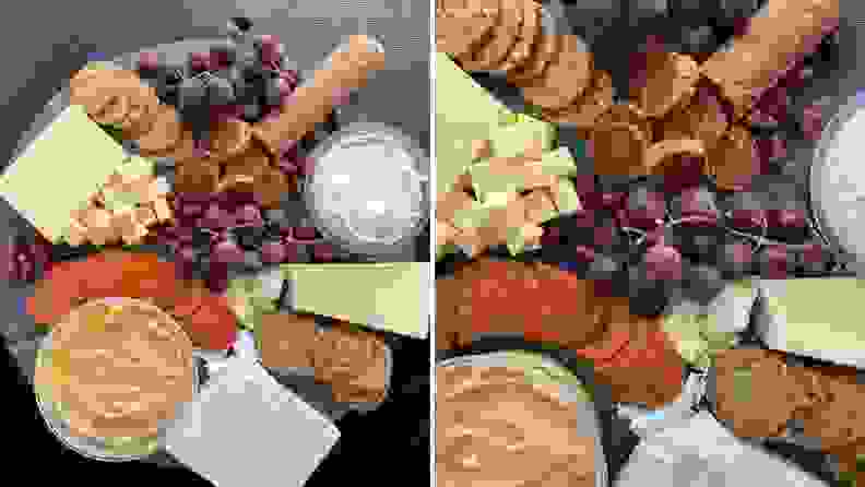 A side-by-side shot of a vegan cheese board shot from above, with a close-up on the right