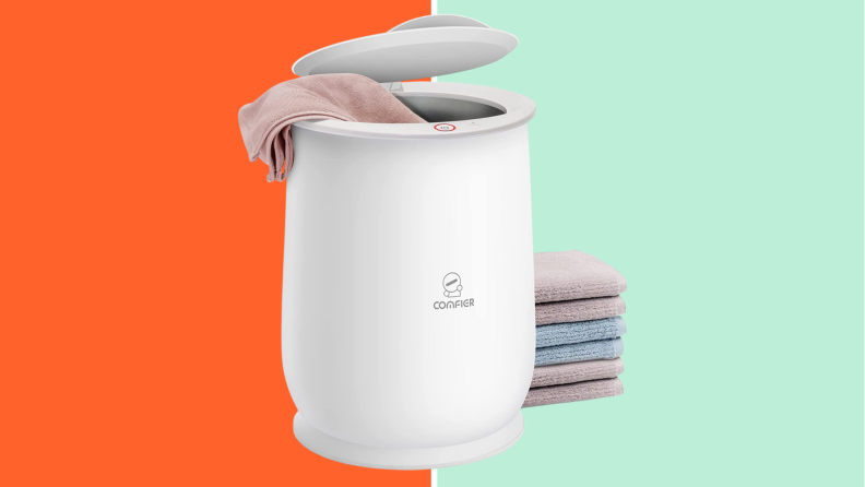 A towel warmer against a blue and orange background.