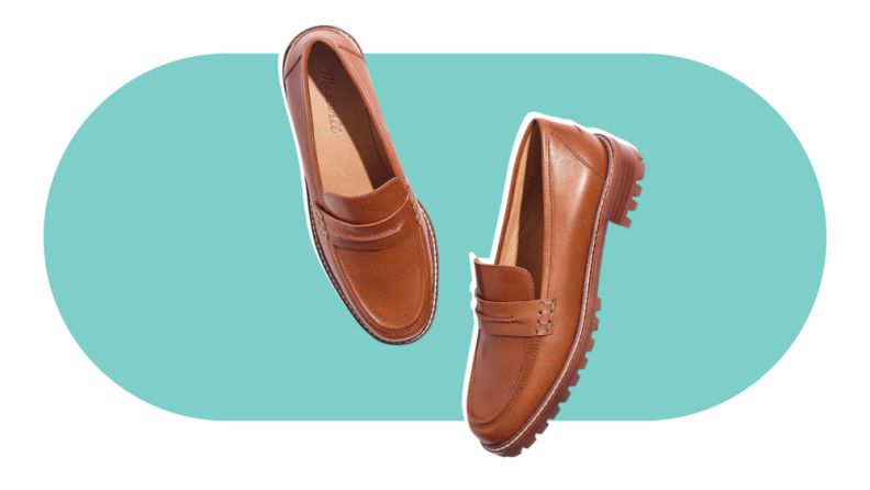 A brown loafer with a thick lug sole.