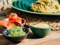 Sauce ingredients spread out on a table.