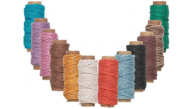 Bundles of colorful hemp yarn.