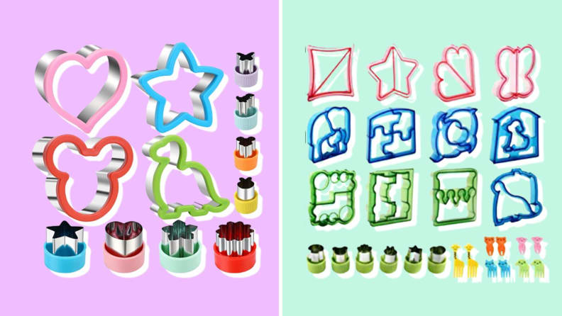 Two sets of colorful sandwich cutter sit side by side on a purple and green background.