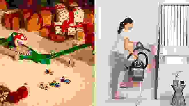 一个马里奥赛车玩具和一个用吸尘器打扫楼梯的女人。