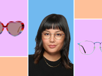An image of a pair of heart-shaped sunglasses, a model wearing rainbow wire frame glasses, and a pair of rainbow square frame glasses.