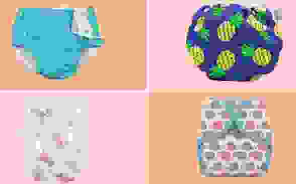 Four swim diapers sit on orange and pink checkered background