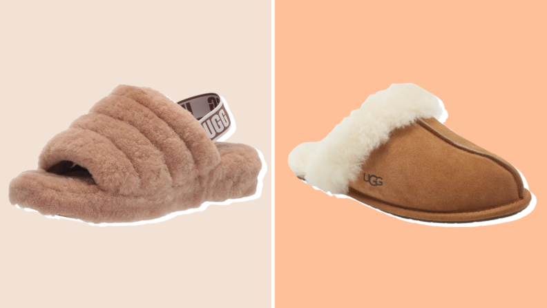 One tan Fluff Yeah Ugg slipper and one tan Scuffette fur lined Ugg slipper on a tan and orange background.