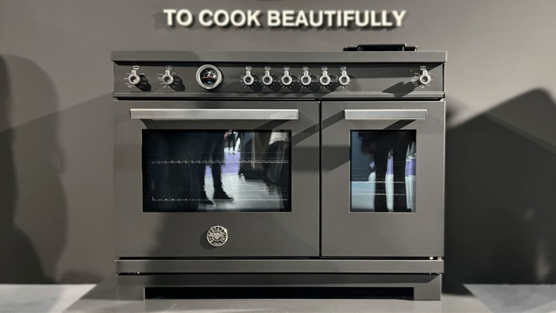 A black luxury 48-inch oven range.