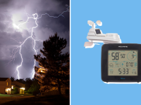An AcuRite Wireless Weather Station next to a hurricane and thunderstorm.